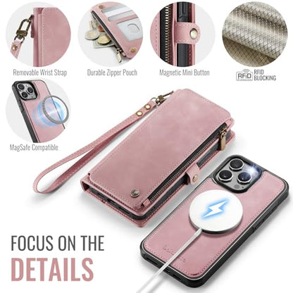 Defencase for iPhone 14 Pro Max Case Wallet Compatible with Magsafe, Pink | Drop-Proof Magnetic Detachable Phone Cases Cover, with RFID Bolcking Card Holder, Zipper Strap, PU Leather, Removable Wallet - color: (Detachable with Magsafe)-Pink