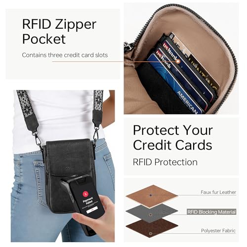GEMIU Small Rfid Cell Phone Purse Leather Crossbody Purses for Women Travel | Purse With Built in Wallets,3 Compartments,Vegan Leather,Wide Glitter Strap,4 Card Slots,RFID Blocking - color: A-black