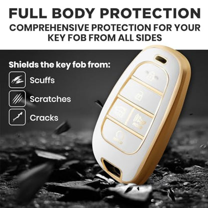 Lucrum Compatible with Hyundai Key Fob Cover & Keychain | Fits Santa Fe, Sonata, Tucson, Grandeur, Ioniq 5, Palisade, Nexo - For 5 Button Remote (2019-2025) - White and Gold - color: White, style: 5 Buttons_1