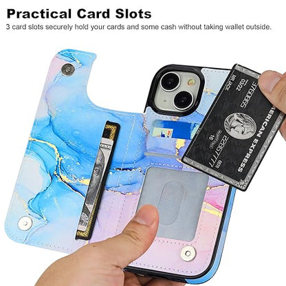 HAOPINSH for iPhone 15 Wallet Case with Card Holder, Pink Blue Marble Pattern Back Flip Folio PU Leather Kickstand Card Slots Case for Women Girls, Double Magnetic Clasp Shockproof Cover 6.1" - color: Pink Blue Marble