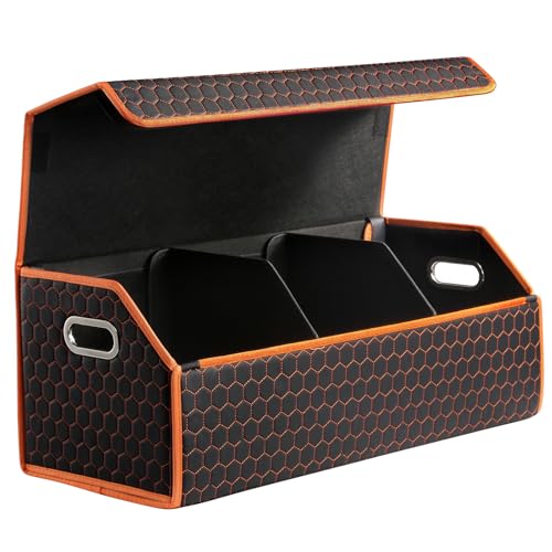 Fyzeoty Car Trunk Organizer for SUV and Sedan, Orange-Honeycomb, 29.5 in | Honeycomb Textured Exterior, Extra‑Large, Premium Leather, Magnetic Lid, Collapsible & Adjustable, Water‑Resist & Dust‑Proof - color: Orange-Honeycomb, size: Extra Large