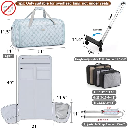 Rolling Garment Bag for Travel, 50L Duffle Bag with Shoe Compartment, 4pcs | 4-in-1 Carry on Convertible Duffel with Wheels, Detachable Trolley, Wrinkle-Free Storage for Trips, Weddings and Overnights - color: Blue