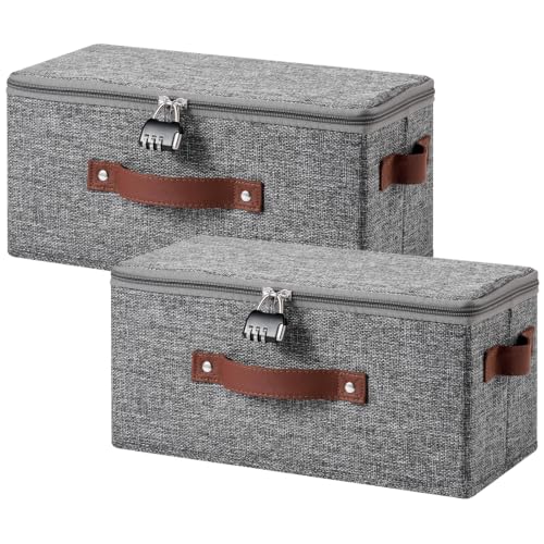 2PCS Lockable Storage Bins Box with Zipper Lid Combination Lock | Cotton Linen Fabric Basket w/ PU Leather Handles, DVD CD Container, Foldable Closet Shelf Organizer, Gray, 13"x 6"x 6" - color: Gray, size: Small-13"L ( Set of 2 )