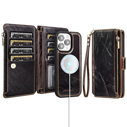 Antsturdy Compatible with MagSafe iPhone 15 Pro Wallet Case,Coffee | Detachable Magnetic Credit Card Holder,RFID Blocking,PU Leather Zipper Purse,Wrist Strap Kickstand,Flip Phone Cover for Women - color: (Detachable with Magsafe)-Coffee