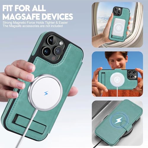 for iPhone 13 Pro Wallet Case with Stand,PU Leather Flip Credit Card Holder Slots (RFID Blocking),Compatible with Magsafe Magnetic Holder Phone Cover Women Men,Green - color: Green, size: iPhone 13 Pro 6.1"