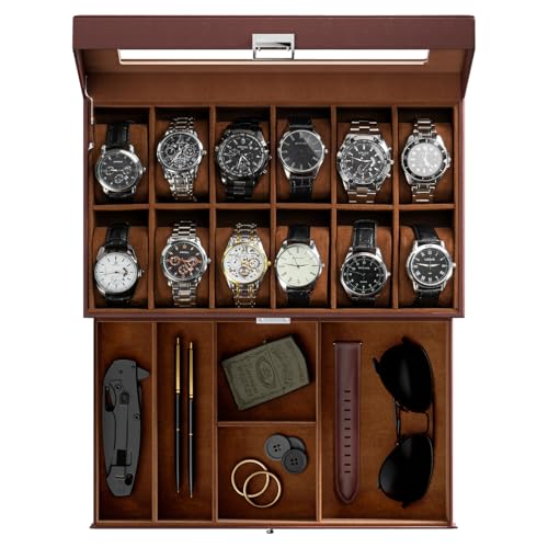 ProCase Watch Box, 12 Slot Watch Case for Men with Drawer, Espresso | 2-Layer Watches Display Case with Glass Lid, Mens Jewelry Box Storage Holder Organizer, Anniversary Christmas Birthday Gift - color: Espresso, size: 12-Slot