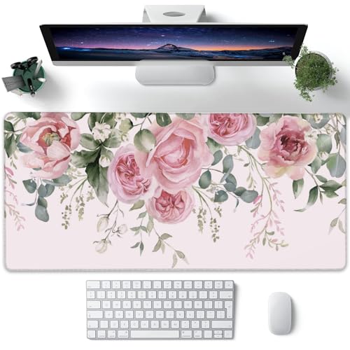 XXL Mouse Pad, Pink Peony Flowers Eucalyptus Green Leaves Large Desk Mat for Desktop, Extended Large Gaming Mouse Pad Mouse Mat with Non-Slip Rubber Base Stitched Edges for Home Office 35.4"X15.7" - color: Pink Peony Flowers Eucalyptus Green Leaves