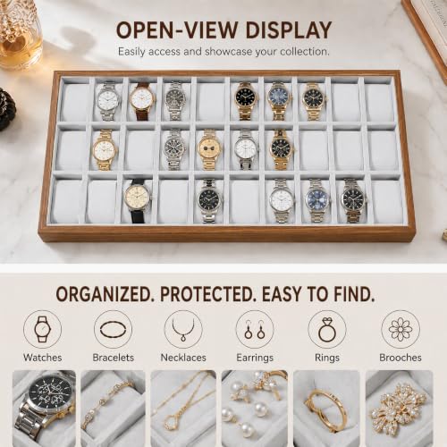 LOYALHEARTDY 30 Grid Watch Jewelry Tray Organizer Wooden Box Organizer Display Tray Watch Bracelet Display Holder with Removable Pillow for Men & Women Storage and Display