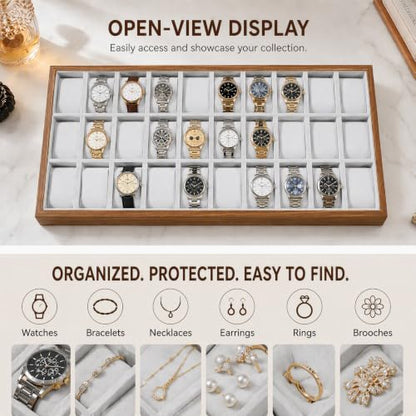 LOYALHEARTDY 30 Grid Watch Jewelry Tray Organizer Wooden Box Organizer Display Tray Watch Bracelet Display Holder with Removable Pillow for Men & Women Storage and Display