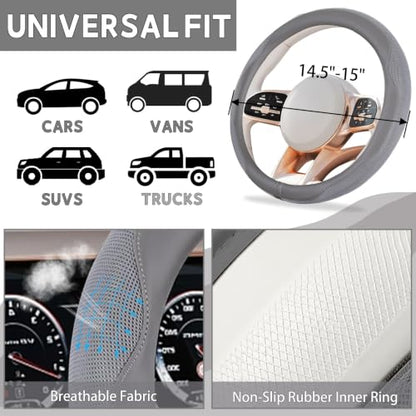NBTEPEM 6 PCS Nappa Microfiber Leather Grey Steering Wheel Cover Set, Breathable Fabric Cooling Steering Wheel Cover 14.5-15inch Universal, Car Center Console Cover, Seat Belt Cushion, Cup Coaster - color: Grey