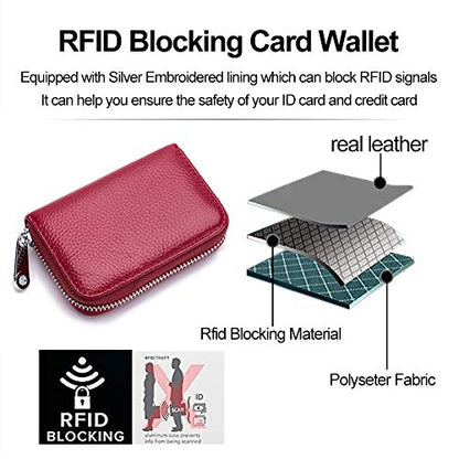 RFID Credit Card Holder Genuine Leather Credit Card Wallet with Zipper | RFID - color: wine red