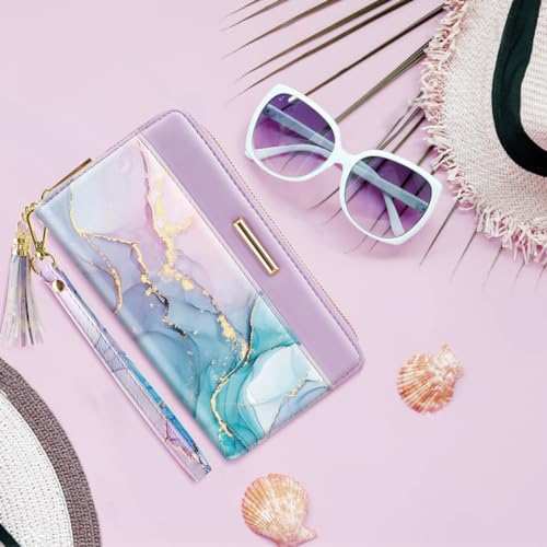 Coco Rossi Wallet for Women RFID Blocking Zipper Around Credit Card Holder | PU Leather, Zipper Around, Multi Card Case, Clutch with Tassel Wristlet Wrist Strap, Gradient Marble, Gifts for Girls Ladies - color: Gradient Marble