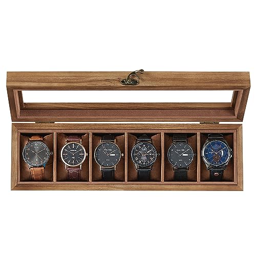 SONGMICS 6-Slot Wooden Watch Box, Display Case with Large Glass Lid | Watch Case for Jewelry, Removable Pillows, Velvet Lining, Gift Idea, Rustic Walnut, ANICIA Collection UJOW006K01 - color: Rustic Walnut, size: 1 Layer 6 Slot