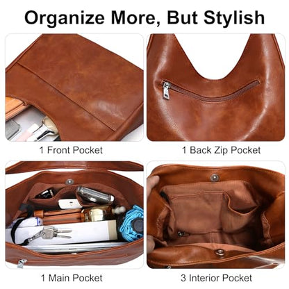 Hobo Bags for Women Leather Shoulder Bag Slouchy Purse Daily Use | Everyday purse, Soft Leather Tote Handbag, Fit 11inch Pad, Key Clip, Widen Shoulder Strap, Inner Pockets, Commute,Travel - color: H1-brown