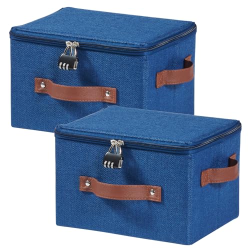 2PCS Lockable Storage Bins Box with Zipper Lid Combination Lock | Cotton Linen Fabric Baskets, Foldable Washable Closet Shelf Organizer Container, w/ PU Leather Handles, Deep Blue, Small - color: Deep Blue, size: Small ( Set of 2 )