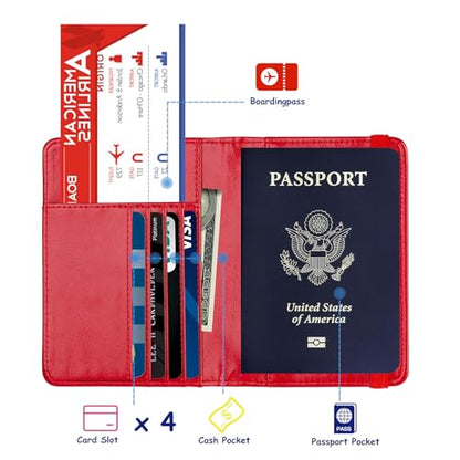 TOURSUIT RFID Blocking Passport Holder, Leather Travel Wallet, Red | Travel Document Holder Cover Accessories, 3D Metal Badge, For Women Men - color: Red