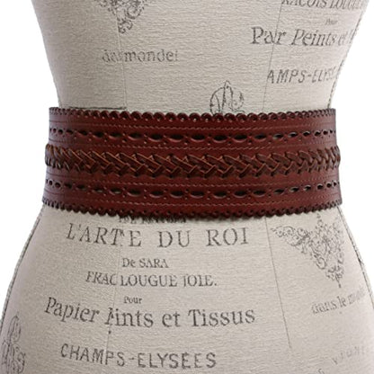 Beltiscool 2 7/8" (72mm) Wide High Waist Perforated Braided Leather Belt - color: Brown, size: M 33"-36"