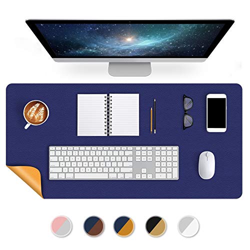 Office Desk Mats Pad Table Protector 16 X 32 Inch PU Leather Desk Blotters on Top of Desks Computer Laptop Keyboard Mouse Pad Organizer Double Side Desktop Cover Writing Mat for Girl Kids Blue/Yellow