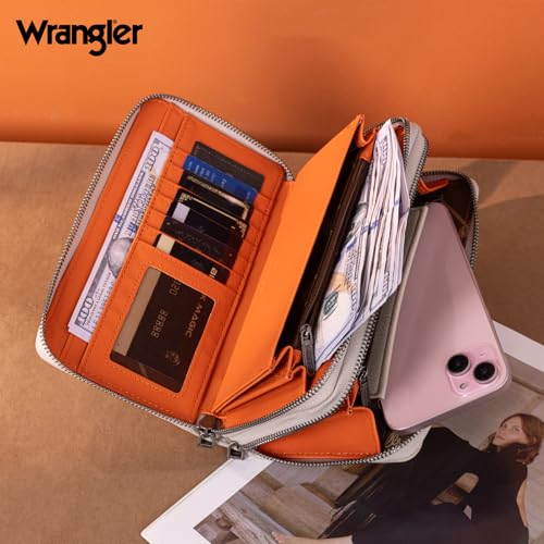 Montana West X Wrangler Large Wallet For Women Ladies Female Double Zipper Pocket Wallet with Rfid Blocking Lining Phone Wristlet Clutch with Smooth Zipper and Multiple Pocket - color: Light Gray