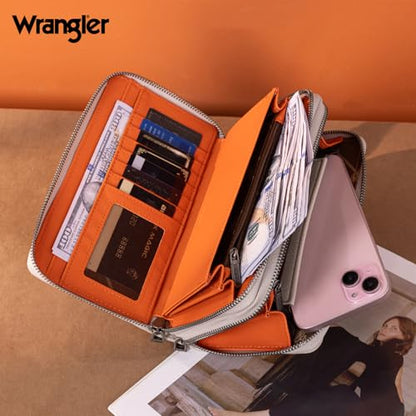 Montana West X Wrangler Large Wallet For Women Ladies Female Double Zipper Pocket Wallet with Rfid Blocking Lining Phone Wristlet Clutch with Smooth Zipper and Multiple Pocket - color: Light Gray