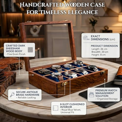 Handmade Mens watch box, Watch display case, Indian Rosewood single watch box case organizer for men, Velvet lining glass lid, Solid Gift for Him | Made for Special Events (EIGHT SLOT) - size: EIGHT SLOT