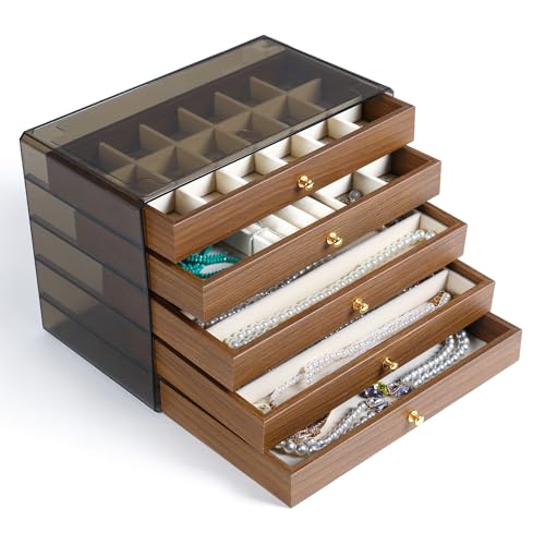 CLUQMEIK 5 Layer Large Wooden Jewelry Box with Acrylic Lid and Wooden Drawers, Stackable Jewelry Organizers and Storage Box for Women and Girls to Storing Rings Earrings Necklaces Bracelets - color: D, size: 5 Drawer