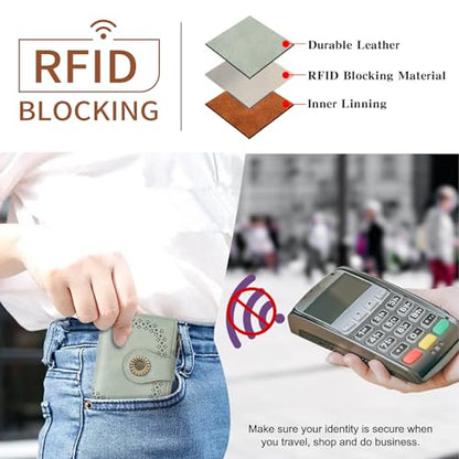SENDEFN Small Wallets for Women Bifold RFID Blocking Leather Card Holder Compact Wallet with Zipper Coin Pocket - color: A-Green