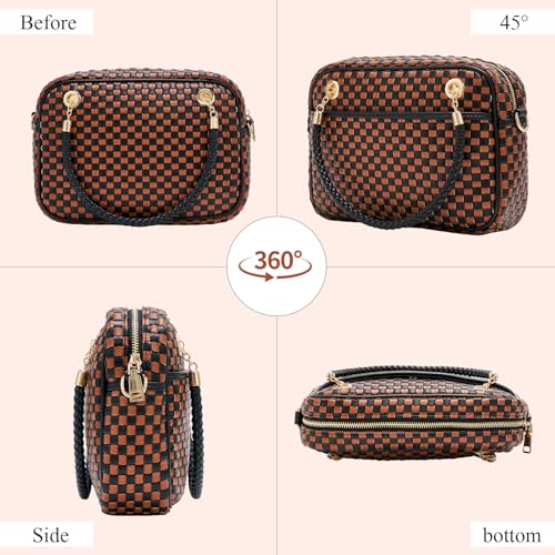 Woven Checkered Crossbody Bag for Women Vegan Leather Satchel Purse | Two-tone structured handbag features a braided top handle, adjustable strap, and 3 spacious compartments with inner zippers - color: Black and Brown Checkered