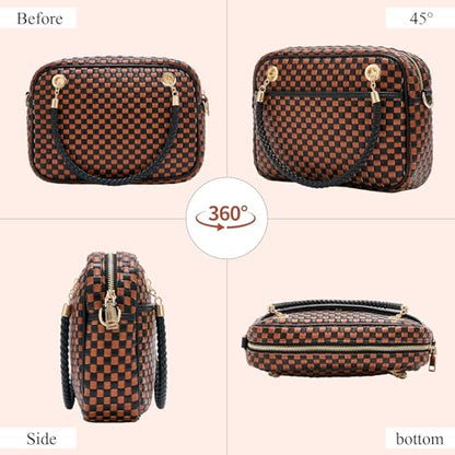 Woven Checkered Crossbody Bag for Women Vegan Leather Satchel Purse | Two-tone structured handbag features a braided top handle, adjustable strap, and 3 spacious compartments with inner zippers - color: Black and Brown Checkered
