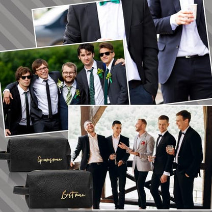 7 Sets Man Best Man Toiletry Bag Wedding Gift with Zipper, Black | Best Man Cosmetic Bags for Best Man, with Bowknot Greeting Card, PU Leather, for Proposal Party, Engagement Accessories