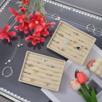 Ring Display Holder, 2 Pcs Small Jewelry Tray Velvet Ring Organizer Stackable Jewelry Organizer Trays Jewelry Drawer Organizers Inserts for Selling Rings Earrings (Beige)
