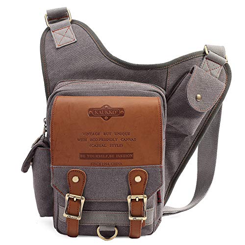 Mens Vintage Canvas Shoulder Messenger Bag Chest Leather Patchwork Messenger Bag - color: Grey