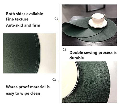 Jovono Faux Leather Round Placemats and Coasters, Wipeable Table Mats, Easy to Clean, Double Stitched for Kitchen Dining Table, Party, Restaurant, Diameter 13'' and 3.9'', Green - color: A Green, size: Set of 4
