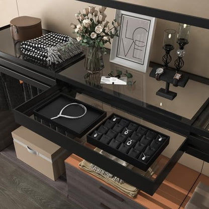 Black PU Leather 12-Grid Flat Jewelry Display & Organizer Tray | Black PU leather 12-grid divided jewelry tray, separate compartments for rings, necklaces, watches, retail & dresser display - style: 12 Grids