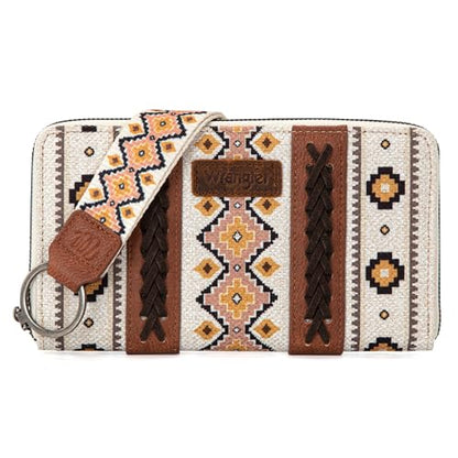 Wrangler Wallet Purse for Women Western Aztec Clutch Wristlet Wallet with Credit Card Holder - color: Angel Coffee