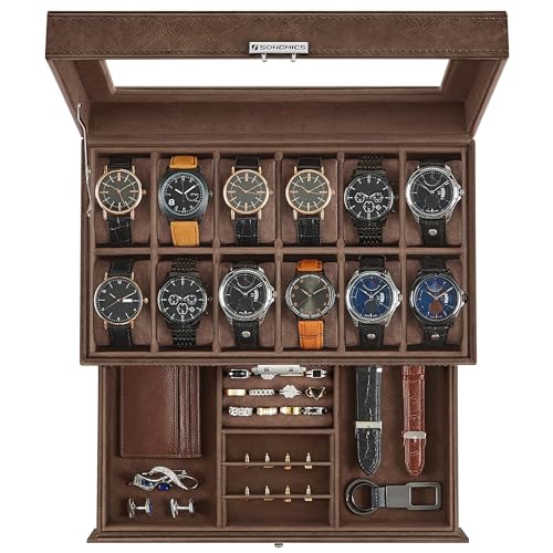 SONGMICS 12-Slot Watch Box, Lockable with Glass Lid, 2 Layers Watch Case | For Rings, Bracelets, Gift Idea, Tan PU Leather, Tan Lining, BRIDIE Collection, UJWB012K01 - color: Brown + Brown, size: 12 Slot