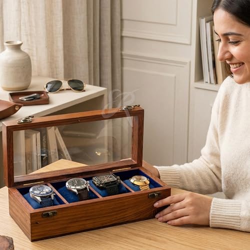 Handmade Mens watch box, Watch display case, Indian Rosewood single watch box case organizer for men, Velvet lining glass lid, Solid Gift for Him | Made for Special Events (FOUR SLOTT) - size: FOUR SLOTT