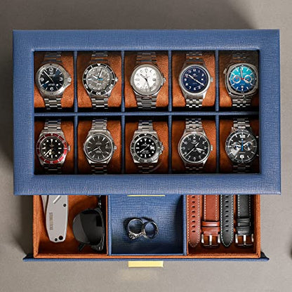 ROTHWELL 10-Slot Watch Box in Leather with Valet Drawer, Luxury Watch Case Display Organizer with Ultra Soft Microsuede Liner, Jewelry and Sunglass Holder With Large Glass top (Blue/Tan) - color: Blue/Tan