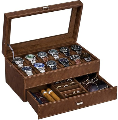BEWISHOME Watch Cases for Men, 12-Slot Watch Box with Large Glass Lid | 2-Layer Watch Case Organizer with Removable Pillows, Watch Box for Men, Watch Storage, Watch Holder Espresso Lining SSH12Z