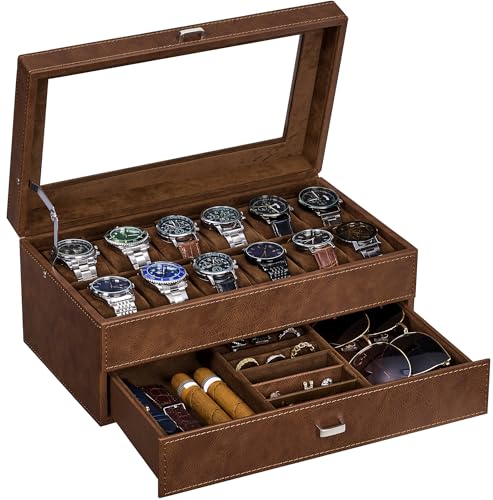 BEWISHOME Watch Cases for Men, 12-Slot Watch Box with Large Glass Lid | 2-Layer Watch Case Organizer with Removable Pillows, Watch Box for Men, Watch Storage, Watch Holder Espresso Lining SSH12Z