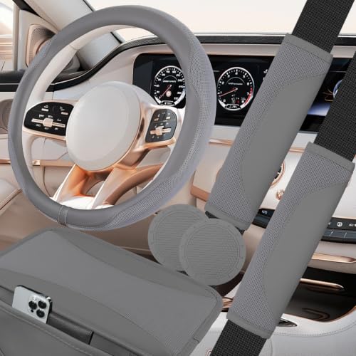 NBTEPEM 6 PCS Nappa Microfiber Leather Grey Steering Wheel Cover Set, Breathable Fabric Cooling Steering Wheel Cover 14.5-15inch Universal, Car Center Console Cover, Seat Belt Cushion, Cup Coaster - color: Grey
