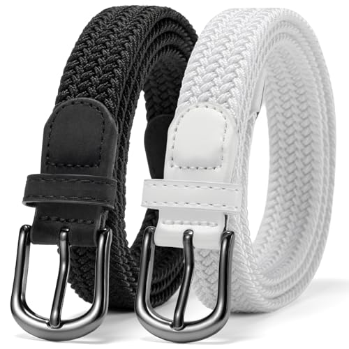 2 Pack Braided Belt for Women, Elastic Woven Stretch Belt | 2 pack woven elastic women's belts with gold & silver buckle, 1" wide - color: 2p. B-black+b-white, size: waist size 25-29"