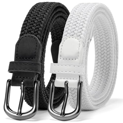 2 Pack Braided Belt for Women, Elastic Woven Stretch Belt | 2 pack woven elastic women's belts with gold & silver buckle, 1" wide - color: 2p. B-black+b-white, size: waist size 25-29"