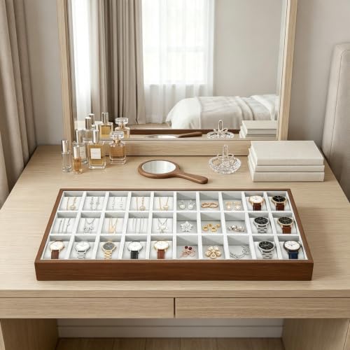 LOYALHEARTDY 30 Grid Watch Jewelry Tray Organizer Wooden Box Organizer Display Tray Watch Bracelet Display Holder with Removable Pillow for Men & Women Storage and Display