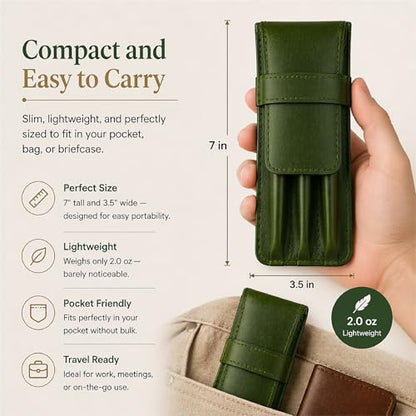 Genuine Leather Pen Case for 3 Pens - Handmade Premium Pen Holder Organizer with Flap Closure Slim Travel Pouch for Office Business Use, 3.5 x 7- Green - color: Green Leather Pen Case