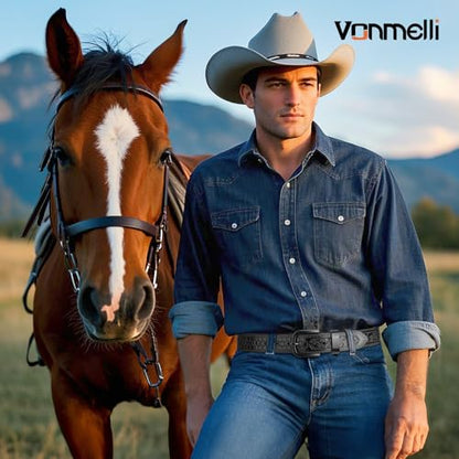 Western Cowboy Belt for Men, Cowboy Leather Belt Embossed Mens Western Belts for Jeans - size: Fit Waist Size 34-37"