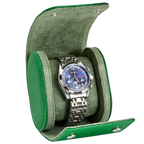 ROSELLE Single Watch Case for Men and Women - Watch Roll Travel Case | Premium Leather and Suede Lining|Storage Organizer and Display,Gift (Green Cross-1 Slot) - color: Green-1