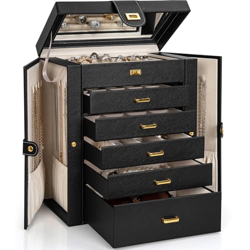 AKOZLIN 6-Tier Jewelry Box Organizer Functional 5 Drawers Leather Jewelry Storage Case for Women Girls Ring Necklace Earring Bracelet Holder Organizer with Mirror Black Regular - color: Black, size: Regular
