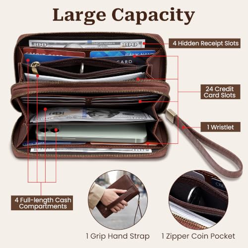 Tipmile Wristlet Wallet Women, RFID Blocking Card Holder Clutch Purse | Large Capacity, Grip Hand & Detachable Wrist Strap, Dual-Zipper, Ladies Gift, Brown - color: Brown