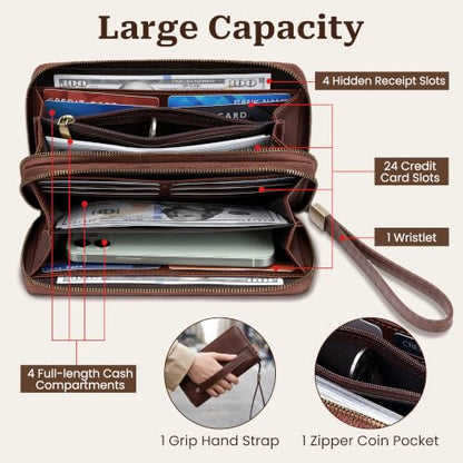 Tipmile Wristlet Wallet Women, RFID Blocking Card Holder Clutch Purse | Large Capacity, Grip Hand & Detachable Wrist Strap, Dual-Zipper, Ladies Gift, Brown - color: Brown